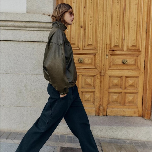 ZARA FAUX LEATHER HIGH COLLAR BOMBER JACKET - Picture 4 of 11